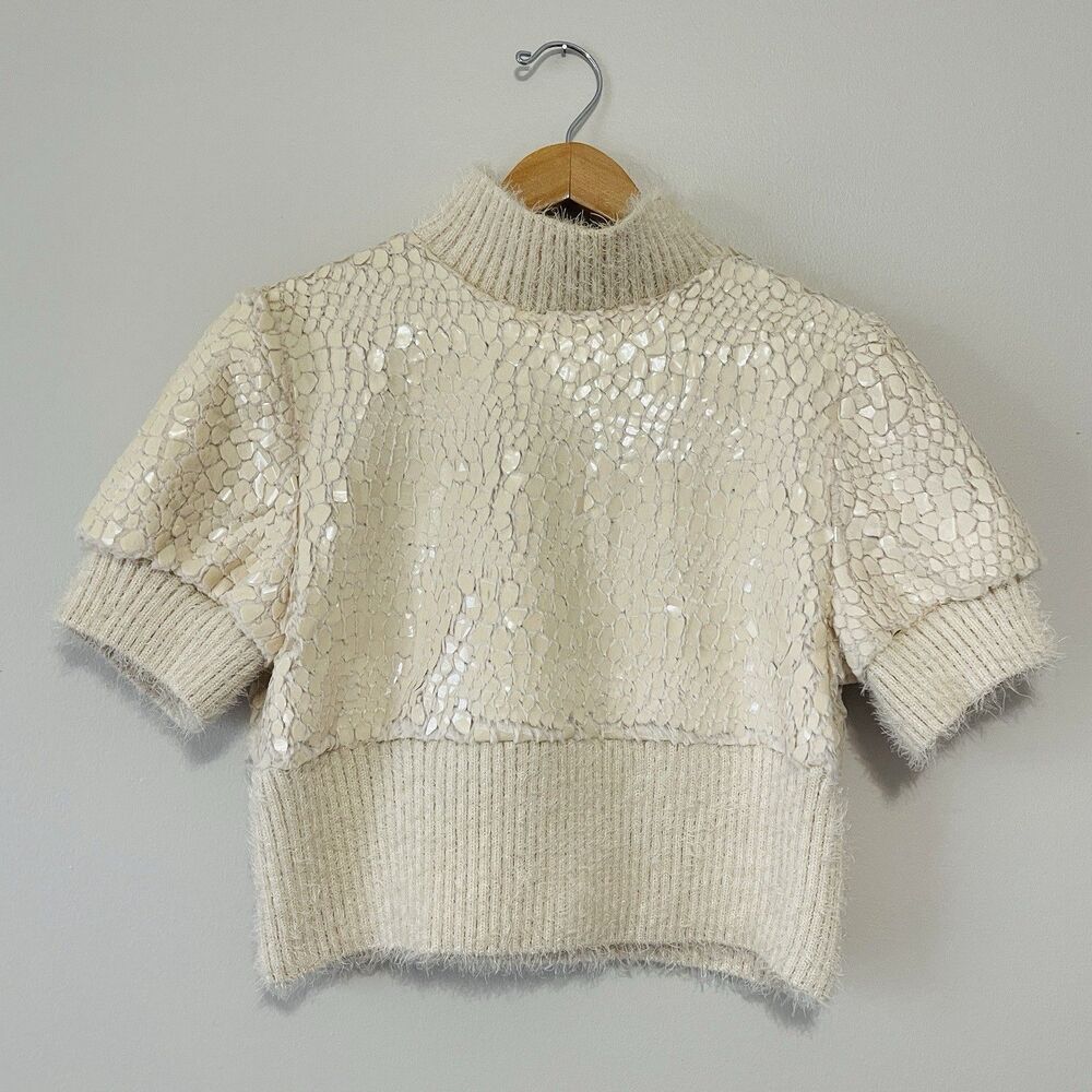 House of Sunny Cream Sequin Turtleneck Sweater
